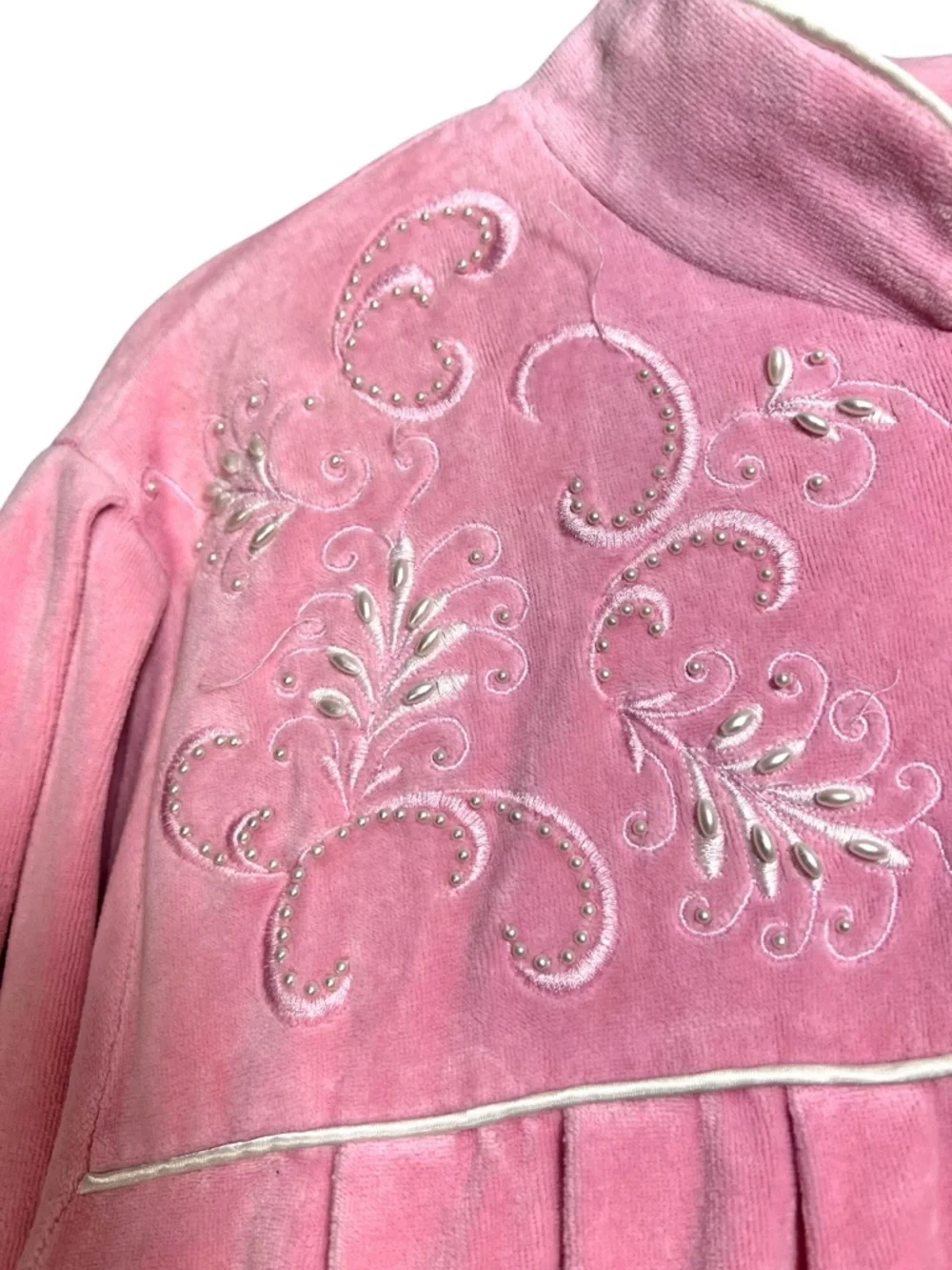 Vintage Robes of California Small  Pink Velour House Dress Embroidered 1/2 Zip